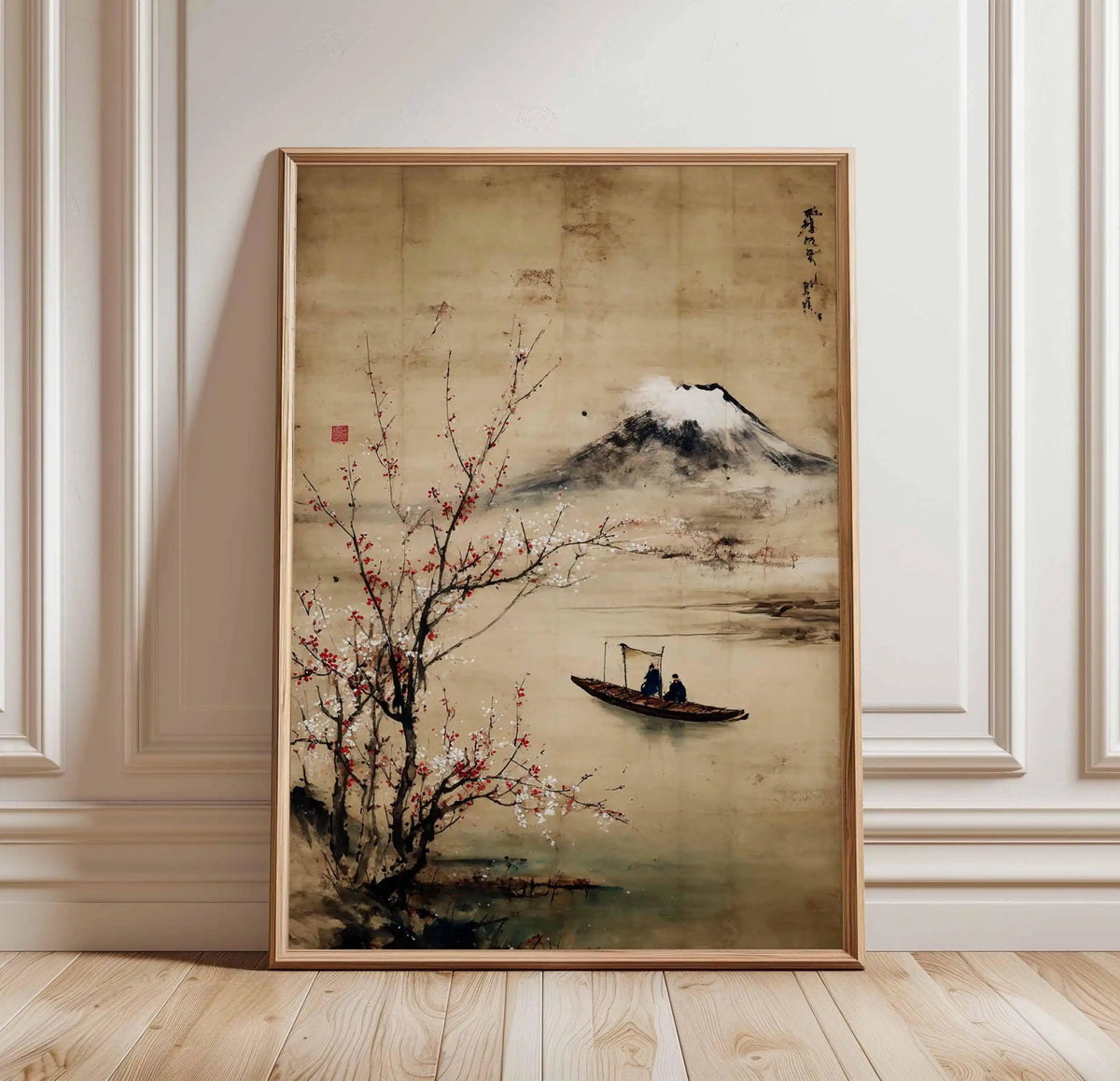 Japanese Crane Canvas Print with Red Sun and Pine Tree