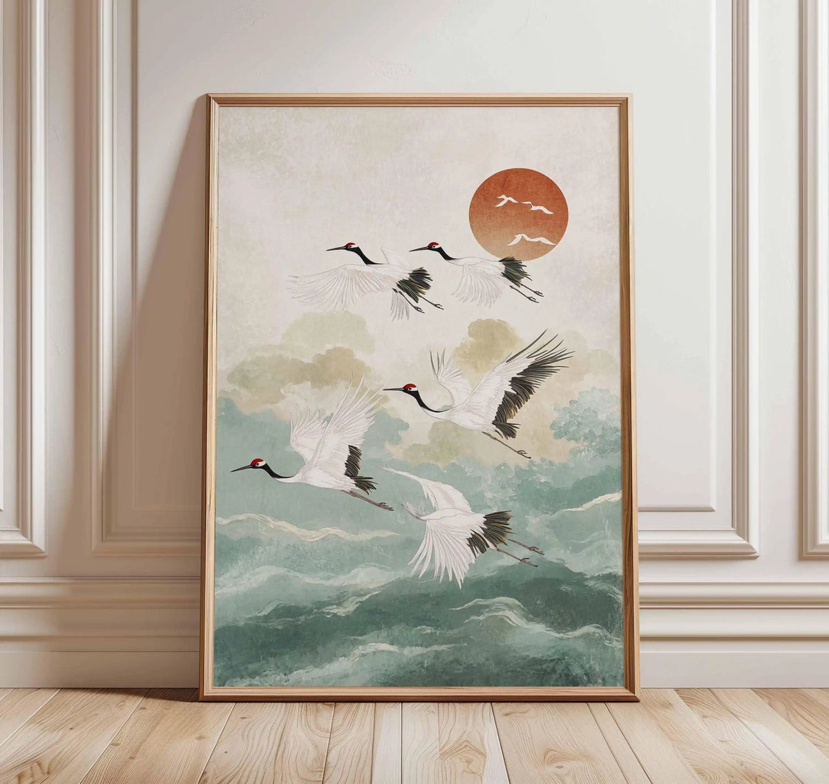 Japanese Crane Canvas Print with Red Sun and Pine Tree