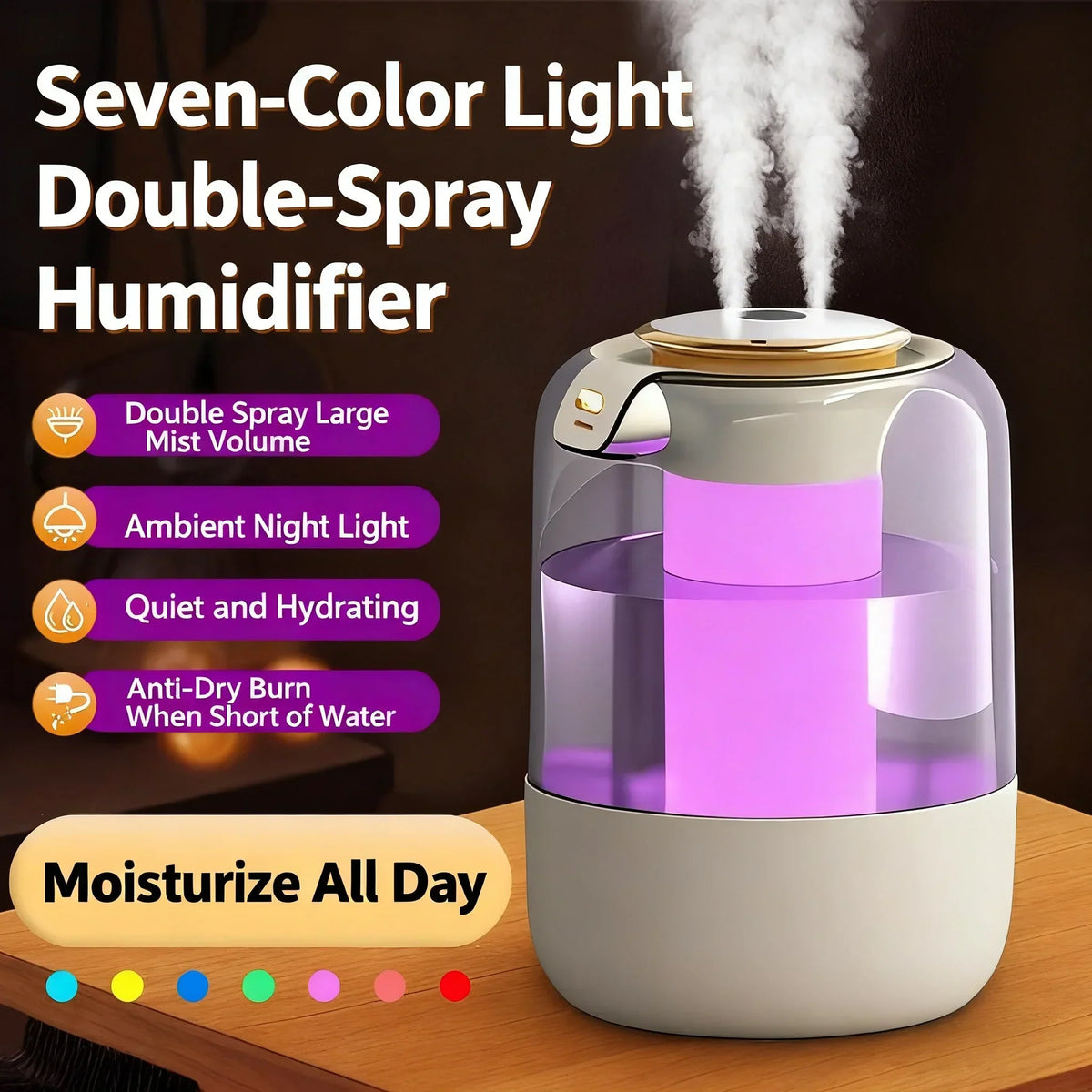 Seavidar Double Spray Humidifier with Ambient Light